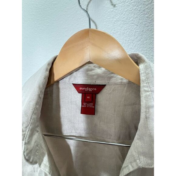 Sundance Linen Button Up Shirt V neck size 16 EUC tan Khaki Lagenlook Travel - Picture 4 of 4